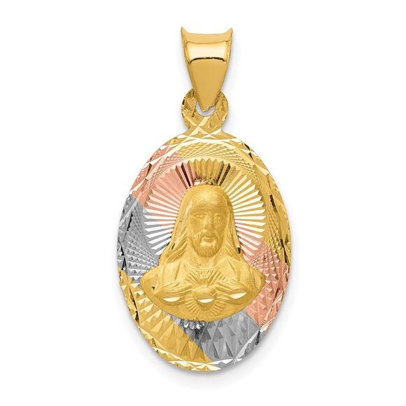 14k Yellow Gold w/Rose & White Rhodium D/C Sagrado Corazon Oval Pendant,All Products : American Fashion Style Bags On Sale
